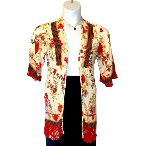 Knox Rose Sweaters - Knox Rose Cream & Red Floral Boho Open Kimono Cardigan - Size XS